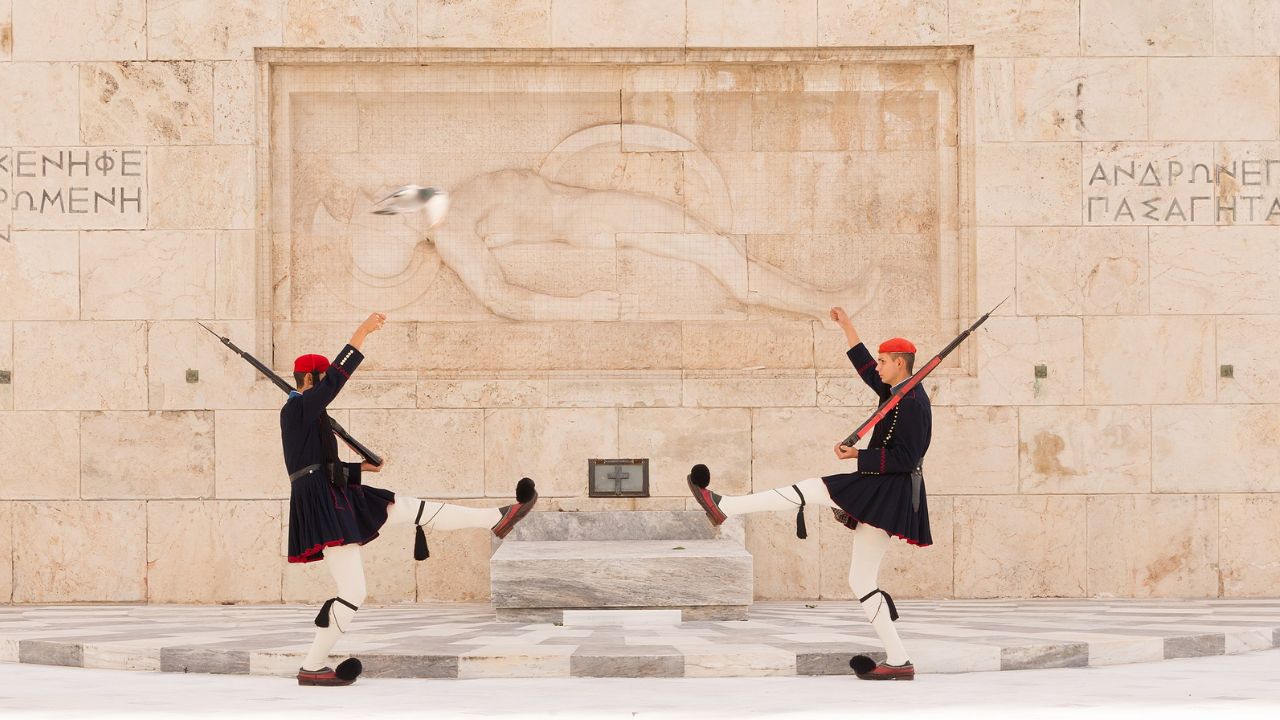 Two Evzones Tomb Unknown Soldier Athens Greece