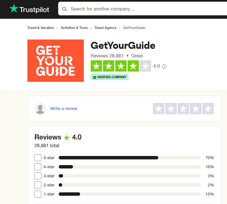 eikona me  GetYourGuide Customer Service Reviews sto trustpilot